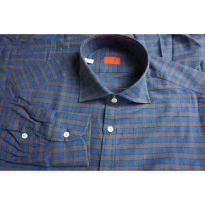 Isaia Napoli 100% Cotton Flannel Blue Gray Plaid Dress Shirt 41 16 BRAND NEW